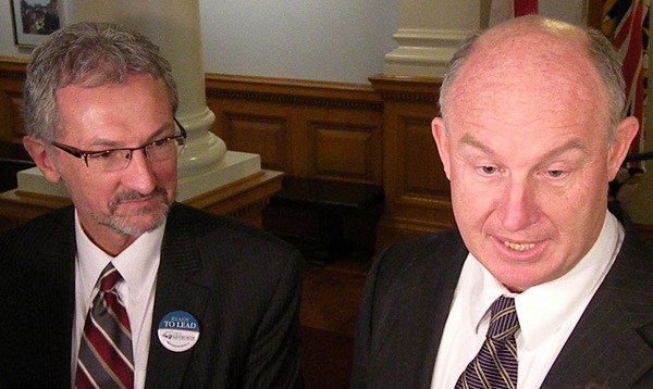 Nanaimo MLA Leonard Krog (left) endorses Port Coquitlam MLA Mike Farnworth for the NDP leadership.