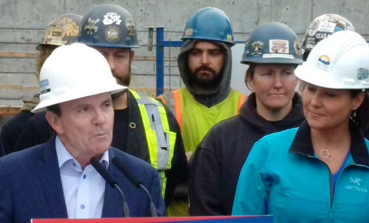 Ironworkers International vice-president Darrell LaBoucan announces union's support for BC Liberals at a Victoria construction site Wednesday.