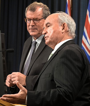 Forests Minister Steve Thomson and Energy Minister Bill Bennett take questions on changes to Agricultural Land Reserve last week. The two-zone plan is Bennett's project.