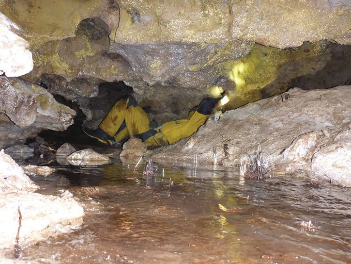 Parks Canada’s Greg Horne installs a bat roost logger in a cave in Banff National Park.