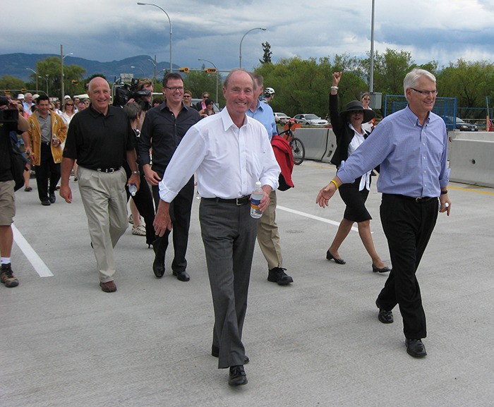 Former B.C. Premier and Kelowna-area MLA Bill Bennett (left) joined then-premier Gordon Campbell and a host of other dignitaries in 2008 for opening of the bridge over Okanagan Lake that bears his name.