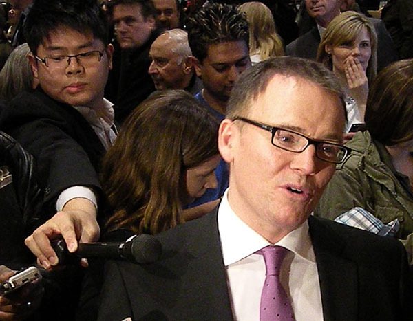 Kevin Falcon speaks to reporters in Vancouver after finishing second in the B.C. Liberal leadership vote Saturday evening.