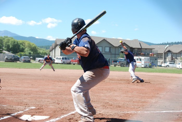 A Braves batter takes a pitch from the Westbank Cardinals during the 2012 Canadian Native Fastball Championships in Cranbrook