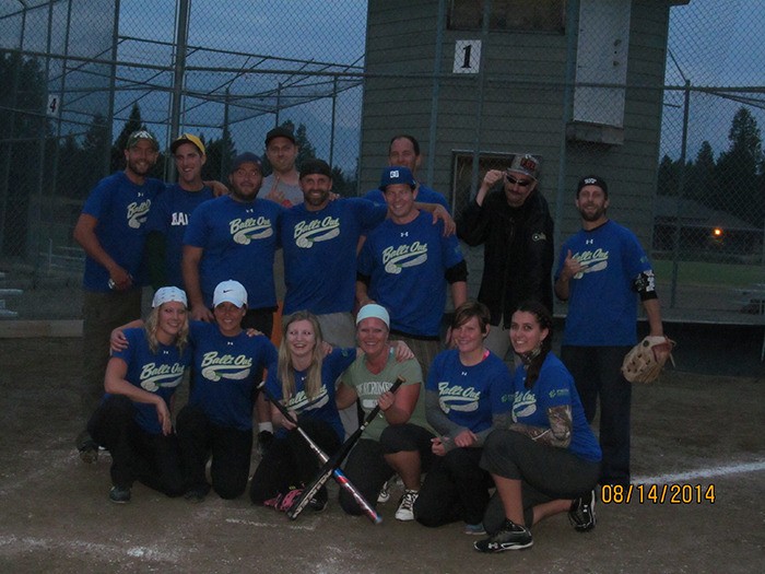 The Crossroads Ballpark has new players’ benches (top) and bleachers (middle) thanks to RDEK’s user fee management. The Ballz Out team (bottom) are the Tuesday night winners of the slo-pitch season.