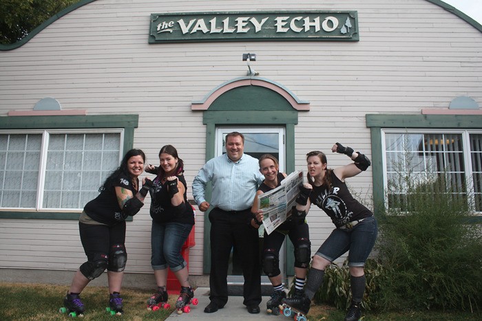 Members of the Invermere Killer Rollbots roller derby team (l-r) Laura Lapp (Apocalypso Blitz)