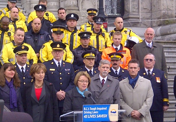 Public Safety Minister Shirley Bond speaks at Nov. 23 ceremony to mark one year of B.C.'s new impaired driving penalties. A week later