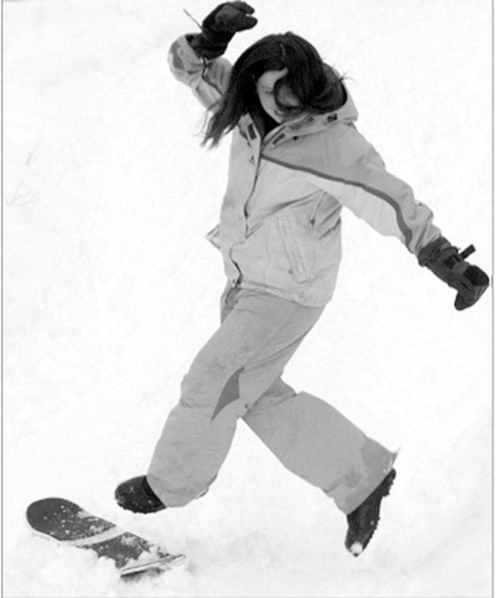 2007 — Radium Hot Springs resident Jo Campbell takes a tumble off a snowskate.