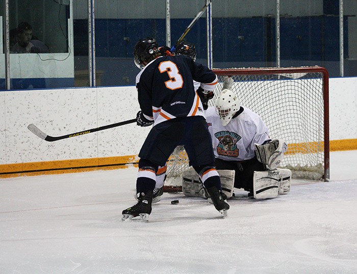 Rockies goalie Stewart Pratt makes a first period save during the Rockies 5-3 loss to Beaver Valley on November 24.