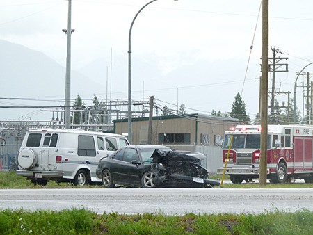 The second and more damaged vehicle of the two-vehicle collision at the Crossroads.