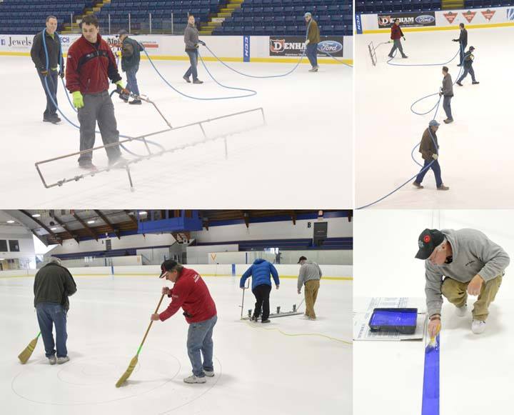 Crews led by Icemaker Mark Shurek spent the weekend transforming the Memorial Arena and Western Financial Place into topnotch curling rinks. Above