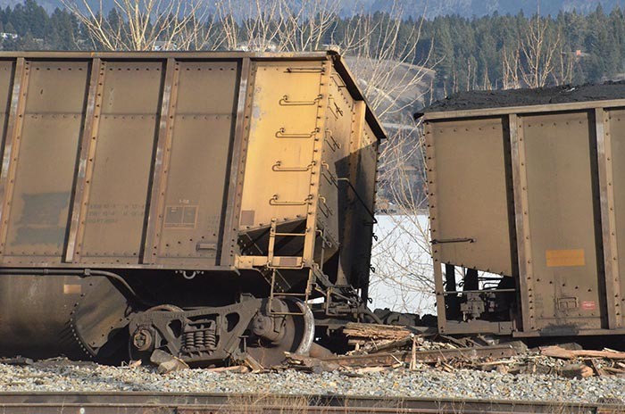 A Canadian Pacific Railway train derailed at the north end of Lake Windermere below the Eddie Mountain Memorial Arena in Invermere on Monday