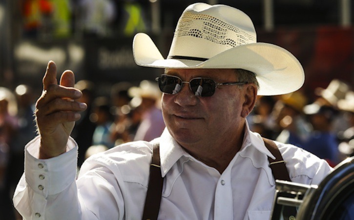 William Shatner rides along in the opening parade for the 2014 Calgary Stampede.