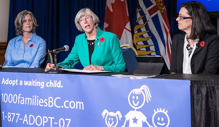 Karen Madeiros of the Adoptive Families Association of B.C. (left) and Children and Family Development Minister Stephanie Cadieux (right) listen to Lt. Governor Judith Guichon describe her experience as an adoptive parent.