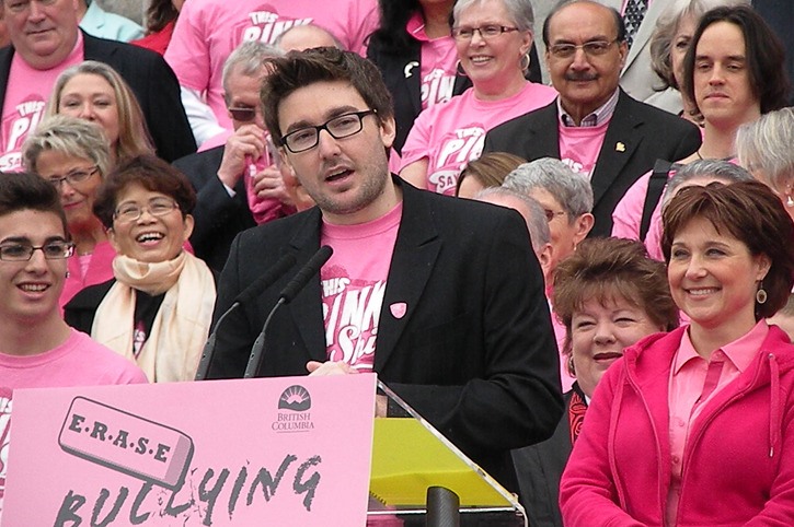 Pink Shirt Day founder Travis Price speaks at an anti-bullying rally at the B.C. legislature Wednesday.