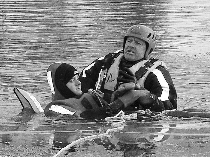 November 2003 — Members of the Windermere Volunteer Fire Department held their first ice rescue practice on Nov. 23rd near Invermere's Lakeside Pub. The department had already warned people off the lake several time that year.