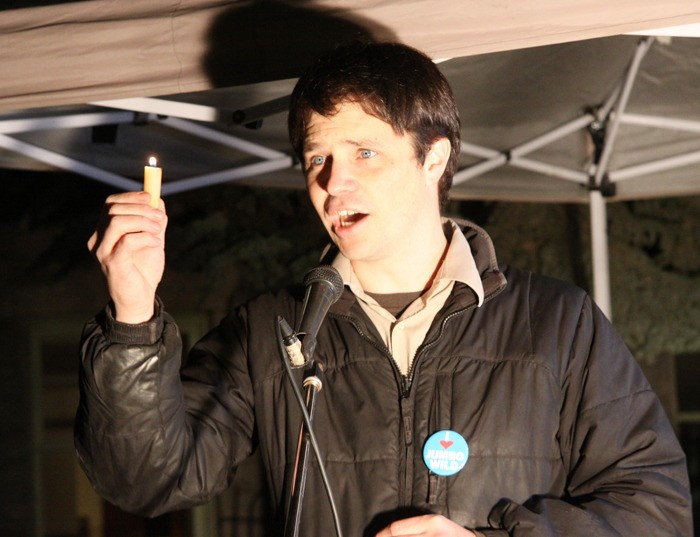 David Reid from the West Kootenay EcoSociety addresses the crowd of almost 200 on Sunday night in front of Nelson's City Hall.