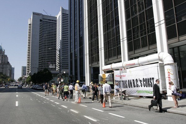Greenpeace protest against Enbridge's Northern Gateway project at the company's office in downtown Vancouver in 2010.