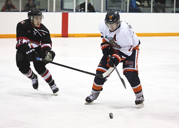 Rockies forward Ryan Henderson makes his way around a defender during the Rockies 1-0 win over Kimberley December 14.