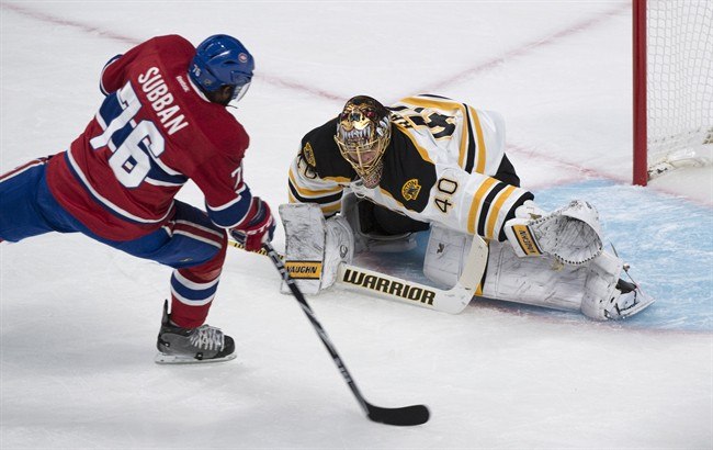 Montreal Canadiens' P.K. Subban scores past Boston Bruins goalie Tuukka Rask during first period NHL playoff hockey action Tuesday