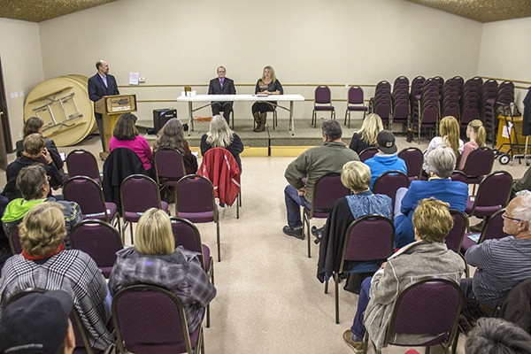 Newcomer Cory Stanbury with incumbent Amber Byklum at All Candidates forum at the Lions Hall in Windermere on Wednesday