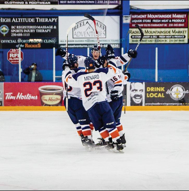 The Rockies celebrate a goal against Golden at the Eddie Mountain Memorial Arena in Invermere on January 2nd. The Columbia Valley team won the game 5-2.