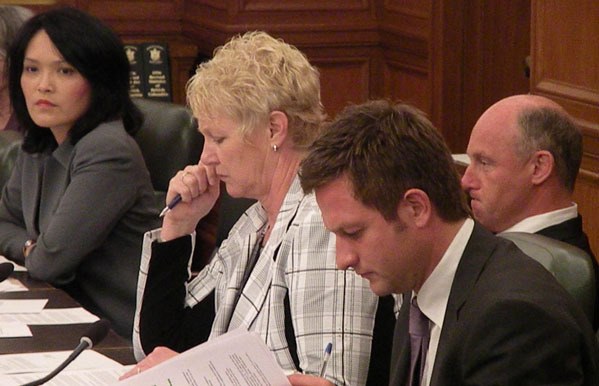 Mike Farnworth (right) was supported by MLAs Jenny Kwan