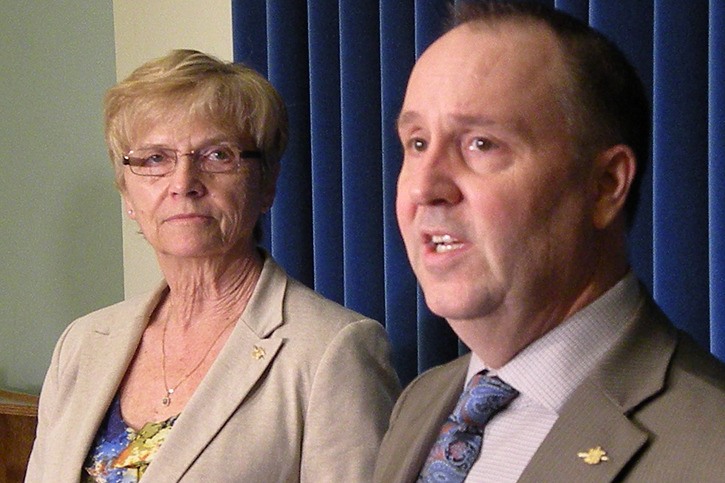 Education Minister Mike Bernier and parliamentary secretary Linda Larson announce new funding Tuesday.