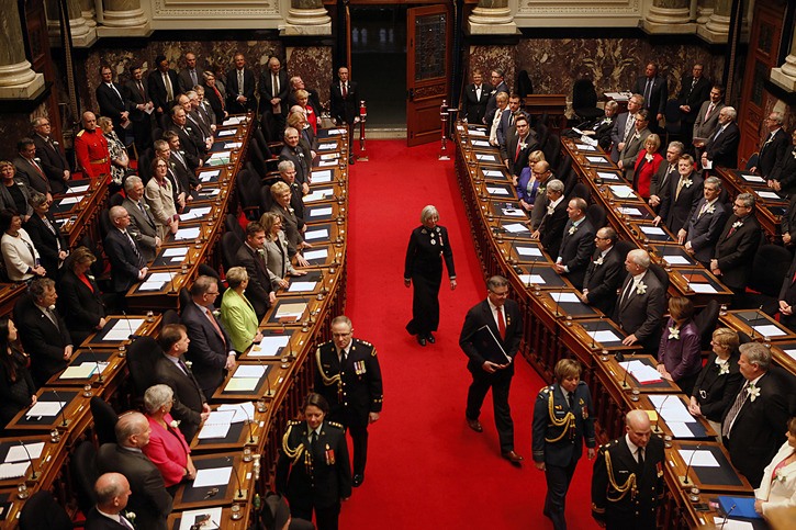 Lt. Governor Judith Guichon arrives to present the throne speech to begin the latest session of the B.C. legislature Feb. 14. The legislature adjourned last week to prepare for the May 9 election.