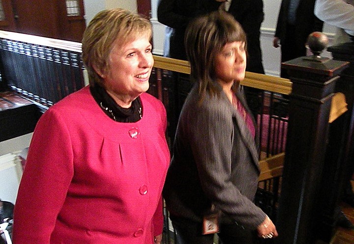 New Westminster MLA Dawn Black emerges from caucus meeting Wednesday where she was elected interim NDP leader.