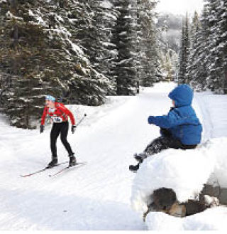 It was an exciting weekend at the Nipika Mountain Resort as loppets were on the tip of everyone's skis. Pictured far right are Marcia Paget (#303) and Matt Swallow from Invermere. One skier gives a thumbs up at the end of her race (middle) and Tobias Andruschuk cheers  for competitors at the event. Darryl Crane/ echo photo