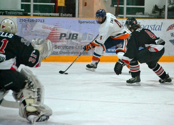 Nigel Swab moves in on net during the Rockies overtime loss to the Fernie Ghostriders on Sunday