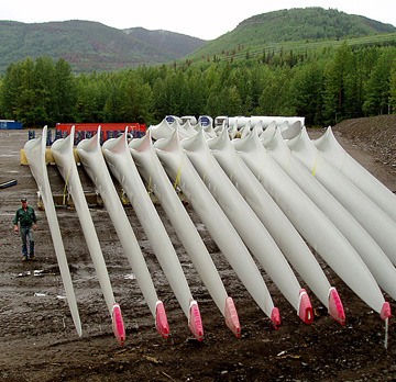 Wind turbine components await construction at independent power project near Chetwynd in 2008. High construction costs stalled B.C.'s first commercial wind energy project