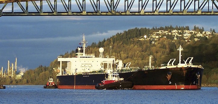 A crude oil tanker leaves Westridge Terminal in Burnaby through Second Narrows