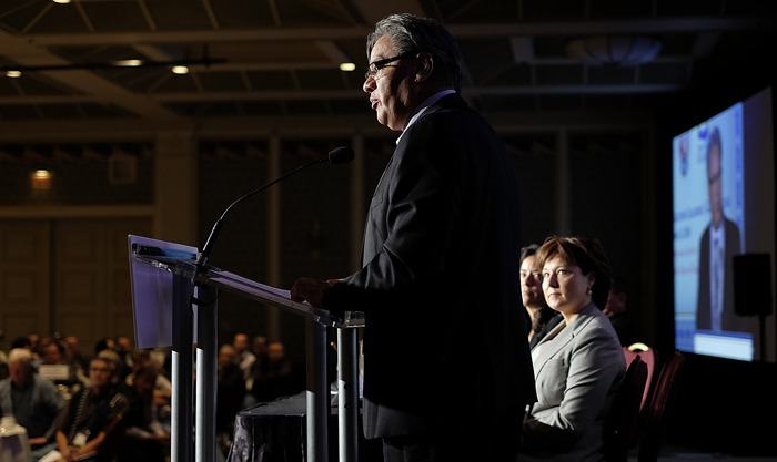 Grand Chief Ed John of the First Nations Summit speaks to a joint meeting of cabinet and aboriginal leaders in Vancouver Thursday.