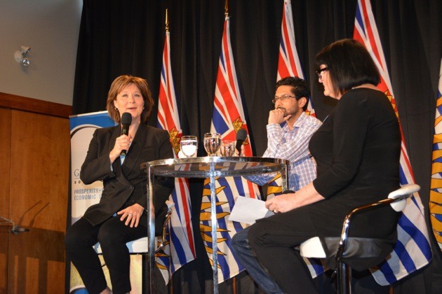 Premier Christy Clark (left) answers questions at a Greater Westside Board of Trade breakfast Friday morning in West Kelowna.Pictured with her are moderators Bobby Gidda and Elfriede Schmoll.