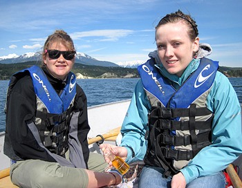 Erin Hillary and Fiona Devlin monitor water quality on Lake Windermere