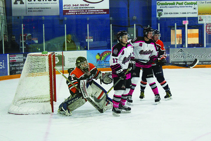 Goaltender Connor McKay fends off the Fernie Ghostriders attack at the Eddie Mountain Memorial Arena on Saturday