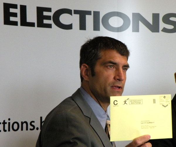 Elections BC official Anton Boegman shows the mailing envelope for a vote in the HST referendum. B.C. residents have until midnight Friday to request a package.