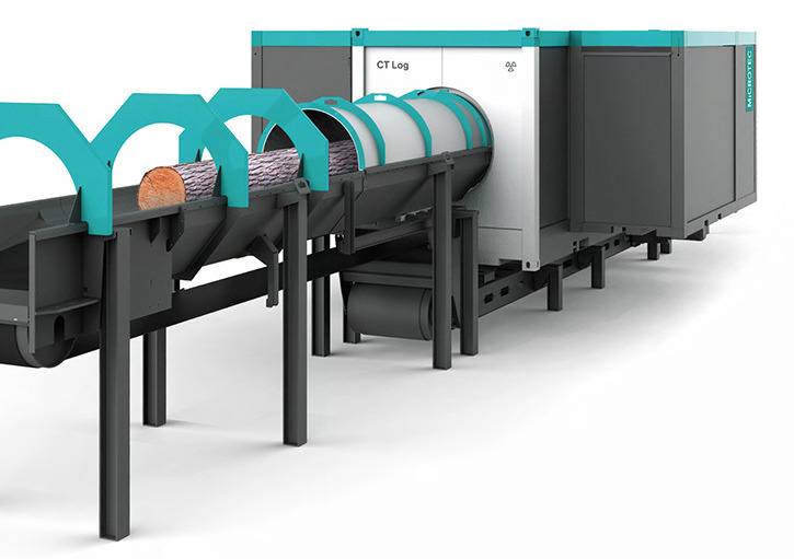 CT scanner adapted for logs creates an image to determine location of flaws