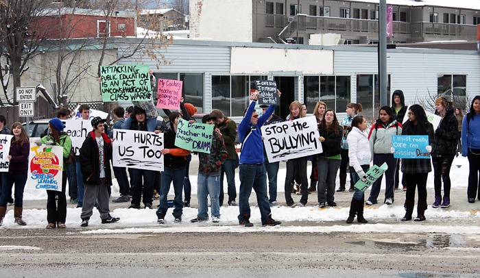 About 40 David Thompson Secondary School students gathered at Cenotaph Park on March 2 to express their support for the teachers.