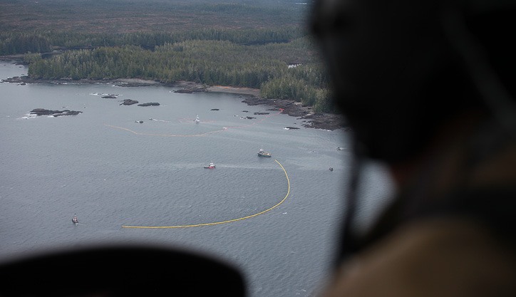 Aerial view of diesel containment efforts from the U.S. tugboat Nathan E. Stewart