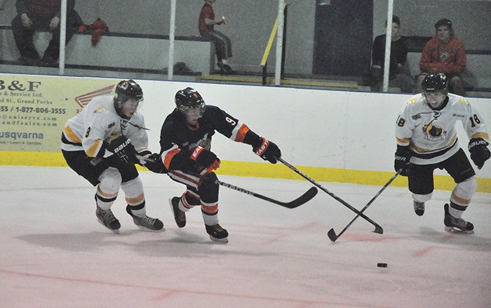 Rockies forward Cody Stephenson (#9) goes for the puck against the Grand Forks Border Bruins on October 7. The Rockies beat the Bruins 4-1.