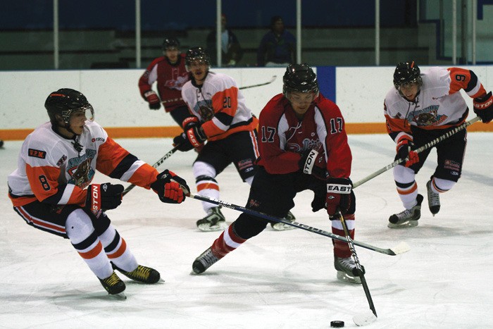 Golden Rockets forward Brandon Shirley attempts to corral the puck during a game against the at-home Columbia Valley Rockies October 8