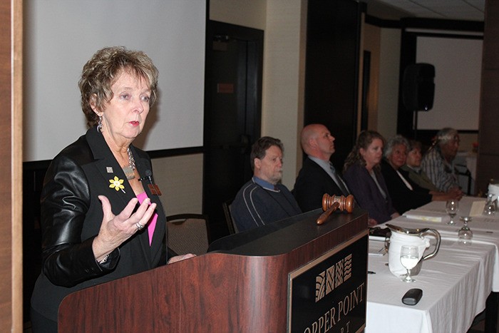 Union of B.C. Municipalities president Mary Sjostrom (from the City of Quesnel) delivers some closing remarks at the Association of Kootenay and Boundary Local Government convention at the Copper Point Resort in Invermere on Friday