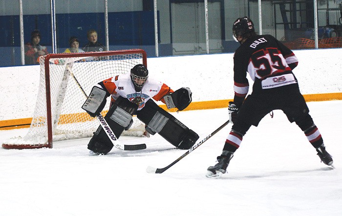 Rockies goalie Travis Beekhuizen squares up to a shooter during the Rockies 5-3 loss to the Kimberley Dynamiters.