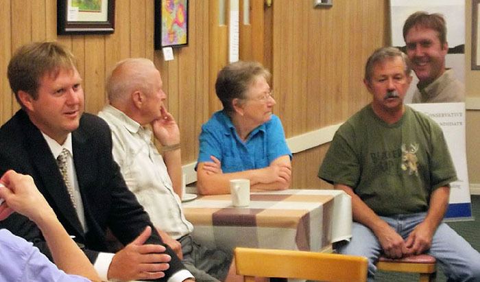 Dan Brooks (left) campaigns in Salmon Arm for the leadership of the B.C. Conservatives.