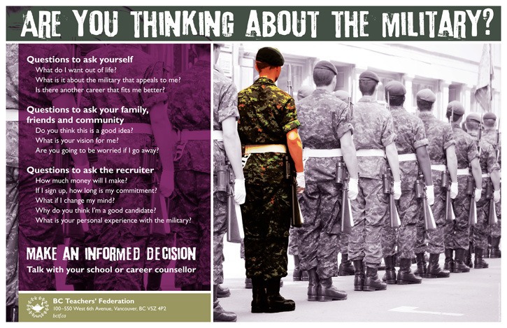 Poster and teacher guide advises teachers on how to keep military recruiters out of schools.