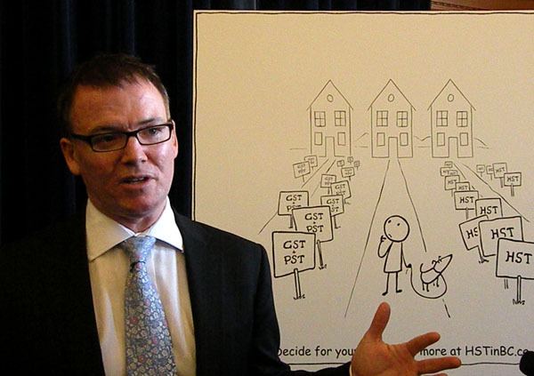 Finance Minister Kevin Falcon has turned his neutral information campaign into a sales pitch for the new
