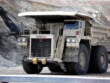 An ore truck delivers a load at Taseko's Gibraltar copper mine.