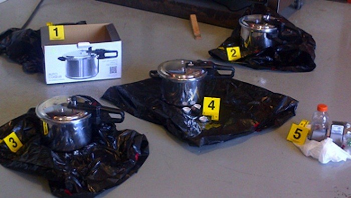 Korody and Nuttall were arrested and charged with possession of these Boston Marathon-style pressure cooker bombs.